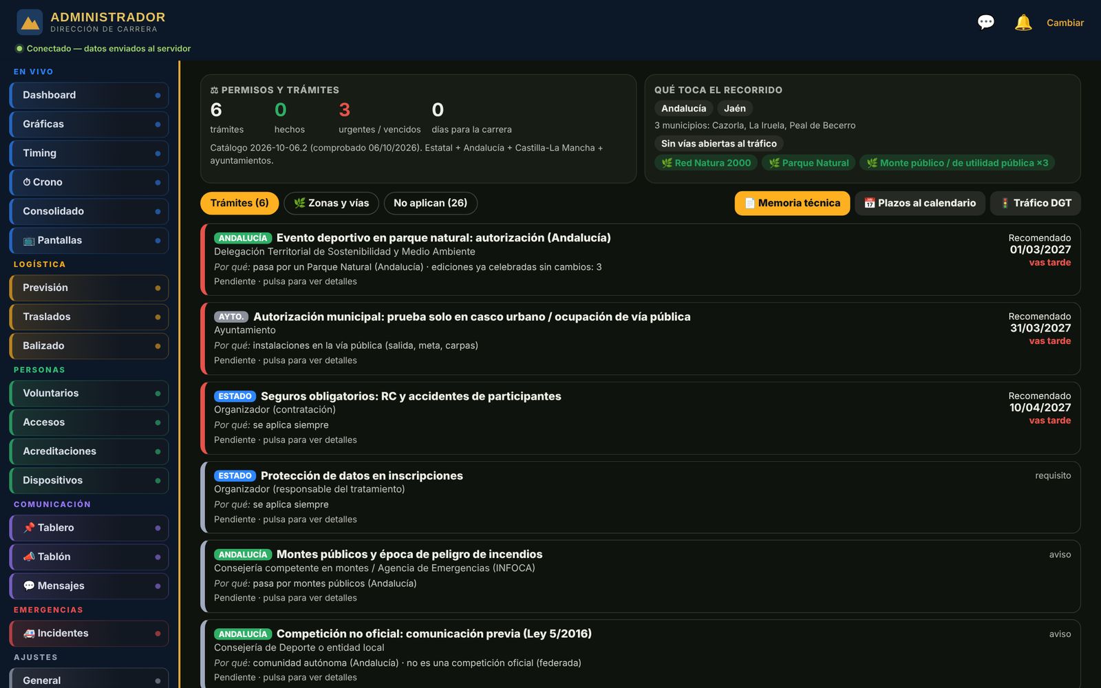 Apartado Legal: seis trámites detectados, con organismo, motivo y fecha recomendada.